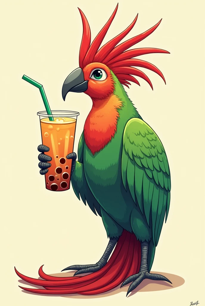 Drawing of a quetzal showing a bubble tea without a background