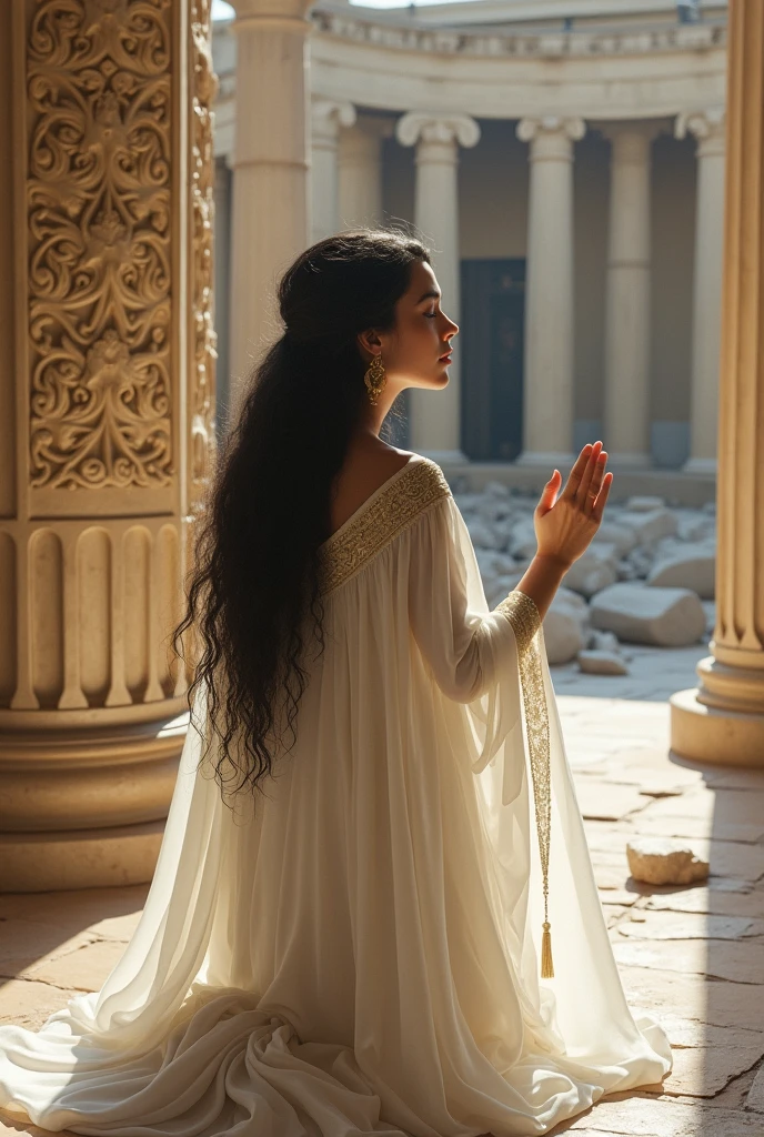 Beautiful priestress of temple of olympus wearing white long gawn blak hair praying on knees