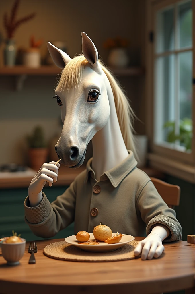 horce eating food with hand on a table