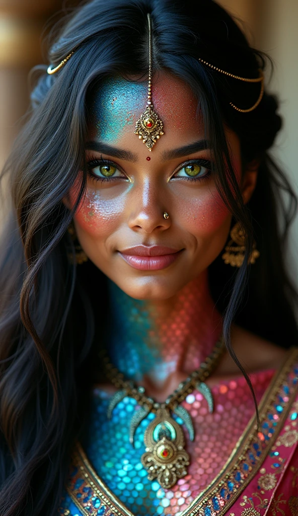 An Indian woman with dragon traits, her skin covered in shimmering, iridescent scales that shift between sapphire blue and ruby red, mirroring the rich colors of Indian textiles. Her eyes are large, almond-shaped, and glowing with a deep, mystical green. Her facial features are delicate yet defined, with high cheekbones and a soft smile. Her long, dark hair is interlaced with fine, golden scales, giving her an ethereal and powerful appearance, echoing the ancient mythology of India.