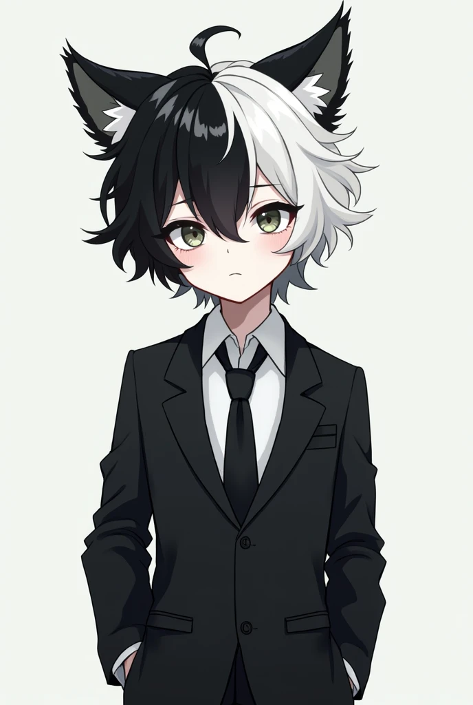 anime character boy with black&white hair, fluffy ears, and a pure white skin tone. The character is faceless and is wearing a black and white suit. 