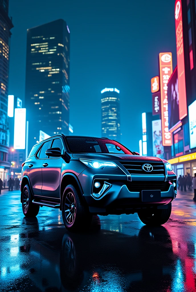Fortuner with down town background at night with blue neon lights
