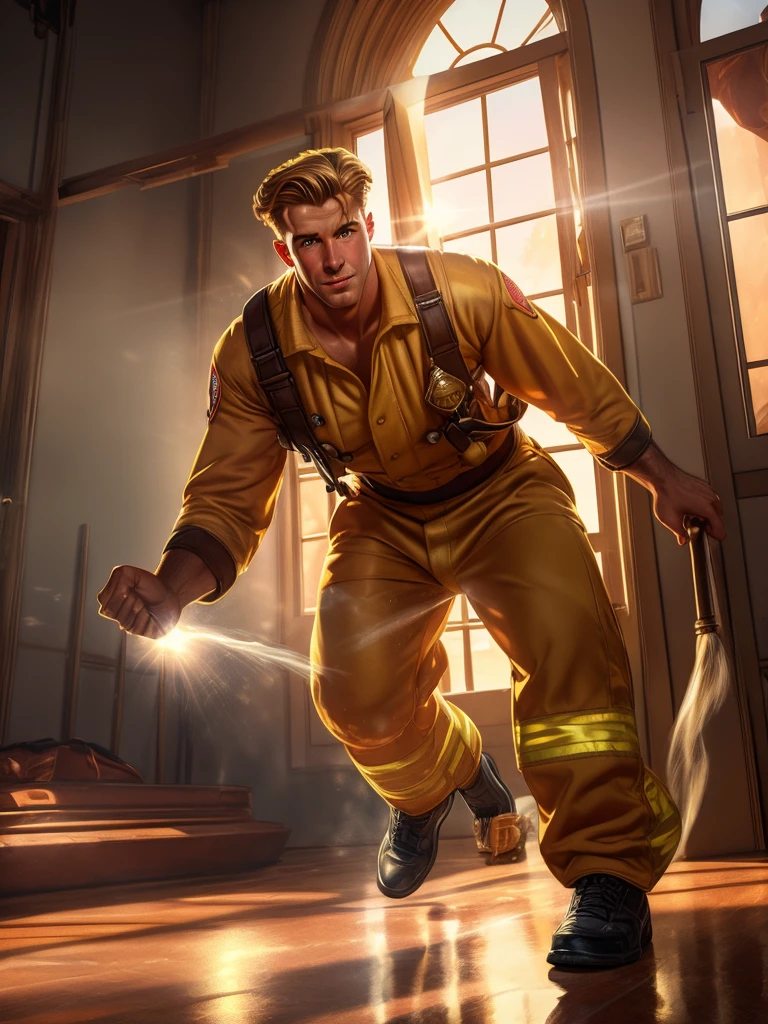 Leyendecker style illustration: Close up of a male firefighter taking off his clothes at a fire station, seductive facial expression, blond hair, very hairy body, sweat on body, firefighter uniform, firefighter gear, pants down, dynamic pose, staring at viewer, natural light, natural shadows, reflections, 4K, HDR, high detail, ray tracing, reflections,