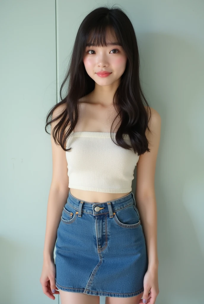 Realな写真、、Japanese high school girl、((whole body))、((photo:1.4、Knitted tube top:1.3、Denim mini skirt:1.4、Straight Hair:1.4、))、cute、bangs、Detailed face and body、((photoReal:1.5))、Natural lighting、High resolution、photoリアリスティック、(Highest quality、8k、High resolution、masterpiece:1.2)、Super detailed、(Real、photoリアリスティック、photoリアリスティック:1.37)、Realな肌の質感、Detailed eyes and lips、Beautifully detailed face、Long eyelashes、Smooth Skin、Slim figure、cute、smile、Young、、NSFW、