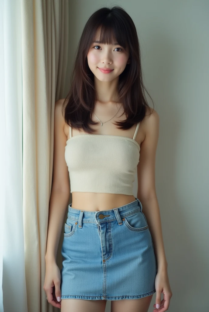 Realな写真、、Japanese high school girl、((whole body))、((photo:1.4、Knitted tube top:1.3、Denim mini skirt:1.4、Straight Hair:1.4、))、cute、bangs、Detailed face and body、((photoReal:1.5))、Natural lighting、High resolution、photoリアリスティック、(Highest quality、8k、High resolution、masterpiece:1.2)、Super detailed、(Real、photoリアリスティック、photoリアリスティック:1.37)、Realな肌の質感、Detailed eyes and lips、Beautifully detailed face、Long eyelashes、Smooth Skin、Slim figure、cute、smile、Young、、NSFW、