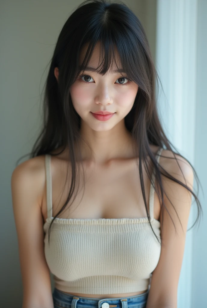 Realな写真、、Japanese high school girl、((whole body))、((photo:1.4、Knitted tube top:1.3、Denim mini skirt:1.4、Straight Hair:1.4、))、cute、bangs、Detailed face and body、((photoReal:1.5))、Natural lighting、High resolution、photoリアリスティック、(Highest quality、8k、High resolution、masterpiece:1.2)、Super detailed、(Real、photoリアリスティック、photoリアリスティック:1.37)、Realな肌の質感、Detailed eyes and lips、Beautifully detailed face、Long eyelashes、Smooth Skin、Slim figure、cute、smile、Young、、NSFW、