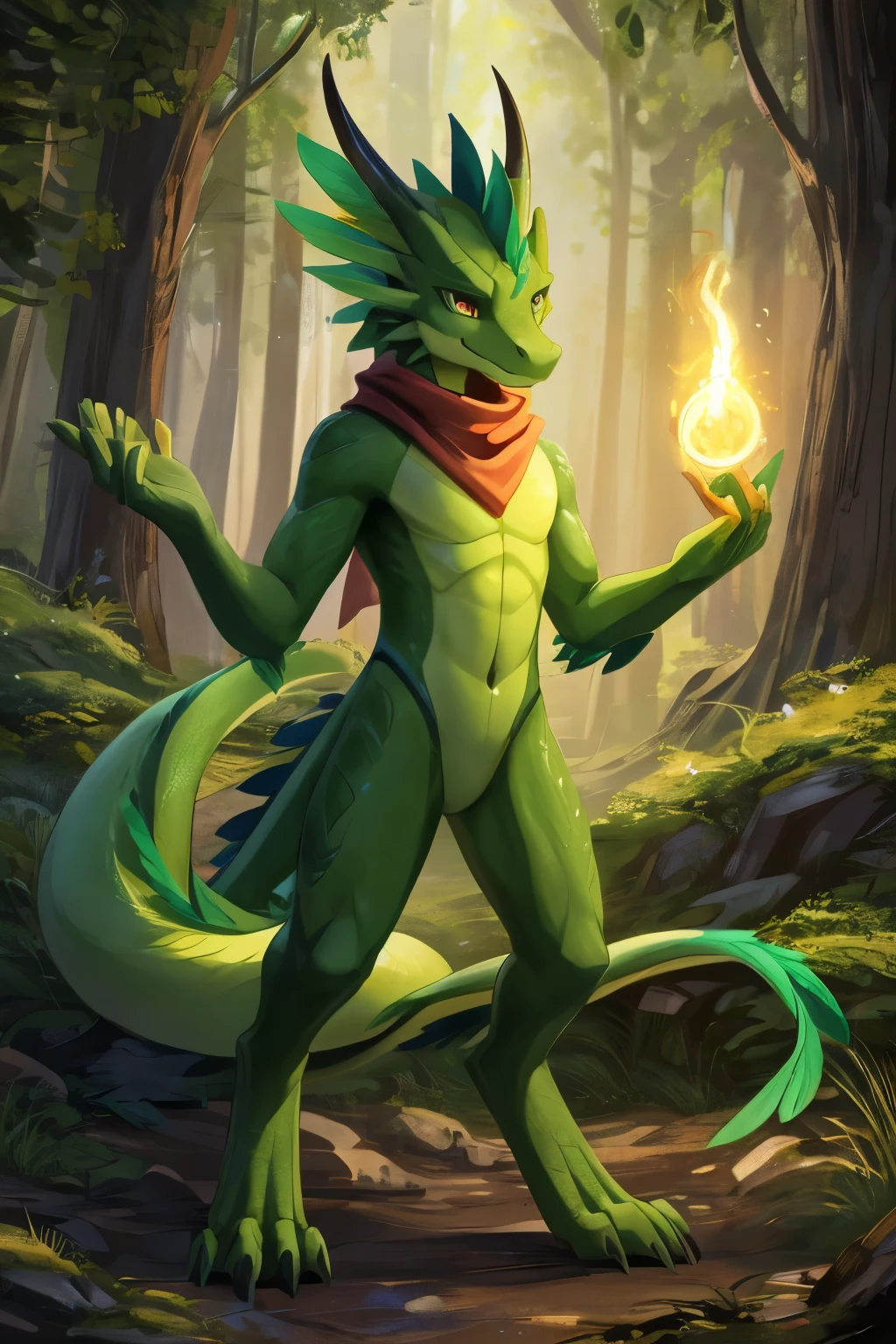 (anime), (front facing), (looking at the camera), slim furry green and lime dragon using old magic, green main body color, smooth skin, very long muzzle, neck and tail fur, digitigrade, creative horns, feathers, gradients, (wearing only a scarf), nature background, full body