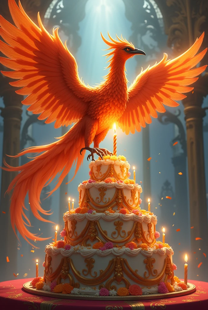 A majestic phoenix placing a birthday candle on a very tall cake