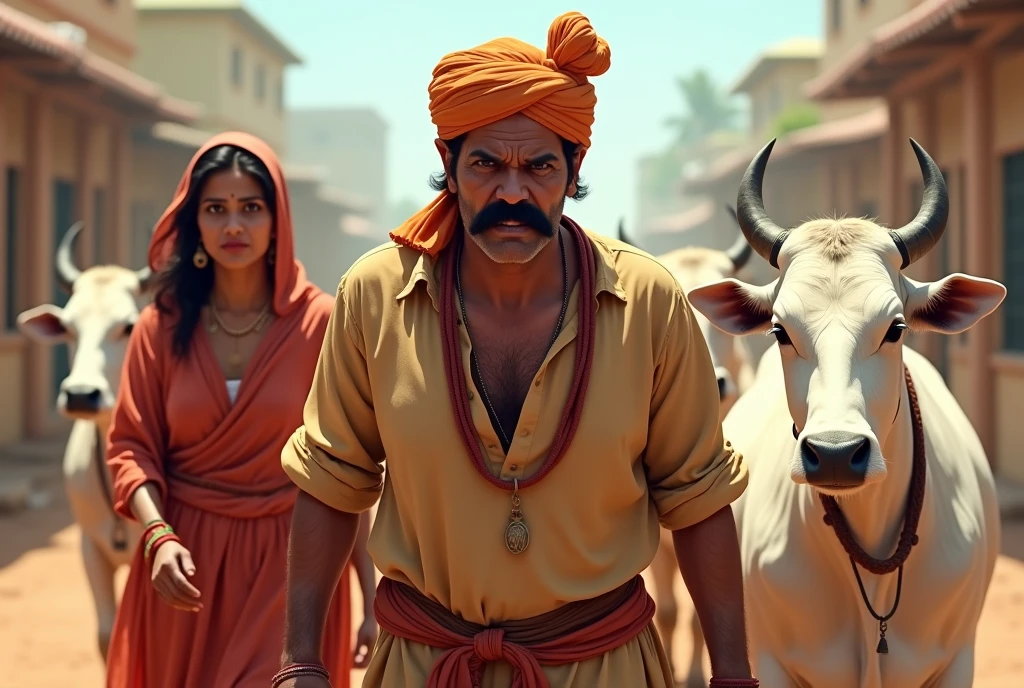 Picture a man in his 30s, with only a mustache on his face and a turban on his head and wearing a Rajasthani dhoti kurta and he is very angry. On his left side is standing a woman who is wearing a Rajasthani lugdi and his There are two cows standing on the right side which are white in color.