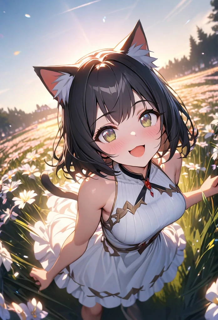 High resolution, masterpiece,（ Highest quality, High-resolution model 1.3）、（Perfect Fingers）、One girl, Cat ear, Black Hair、Red cheeks、Smiling、Looks happy、White dress、wood々Flower field surrounded by、Ray Tracing, Ultra-detailed, Aerial perspective, Ultra Wide Angle, 