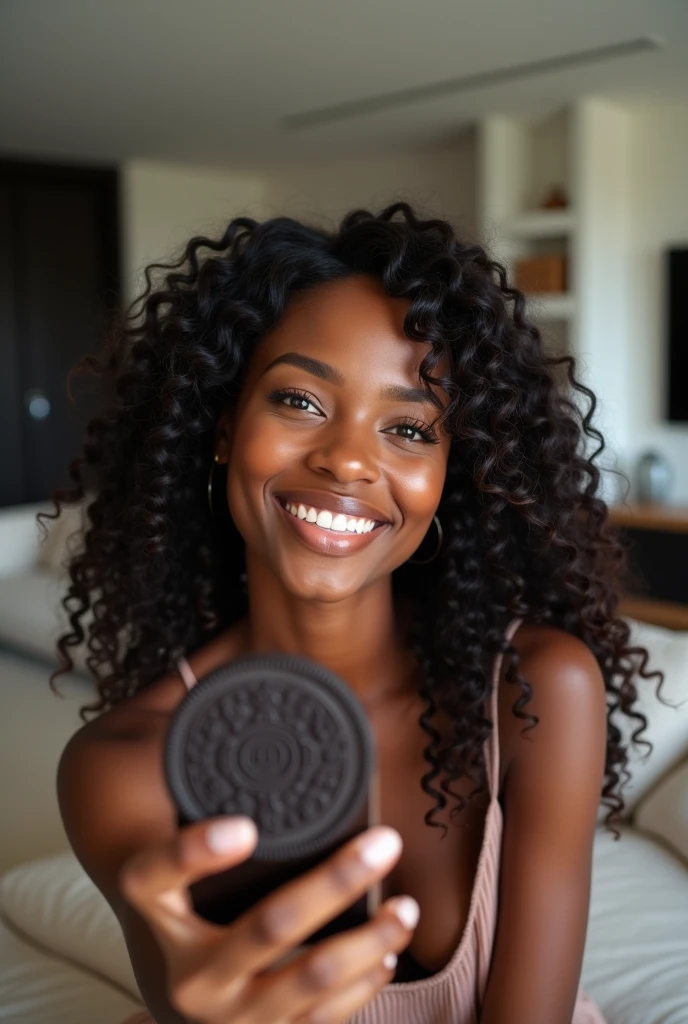 there is a black woman , the woman has, she has dark skin, with dark brownish skin, with long curly, long black loose moisturised curly hair she is taking a selfie with a bar of Oreo chocolate in her modern home
