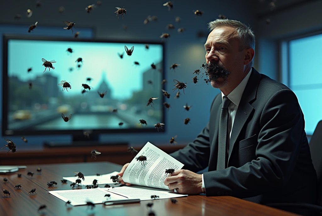 first floor. [on the left a news reporter in a jacket and tie reads the news about the war from a sheet of paper, with the related images behind him]. Thousands of flies come out of the journalist&#39;s mouth. Black flies spread across the TV studio. Flies land everywhere: sui monitor, on the desk, on the sheets. [black flies come out of the mouth:1.5]