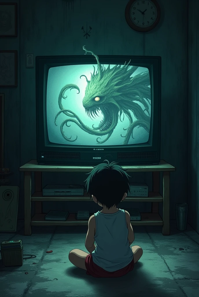 create an illustration and photograph of a scared boy in a dark room with a video game controller in his hands, the room is dark create various monsters around the room