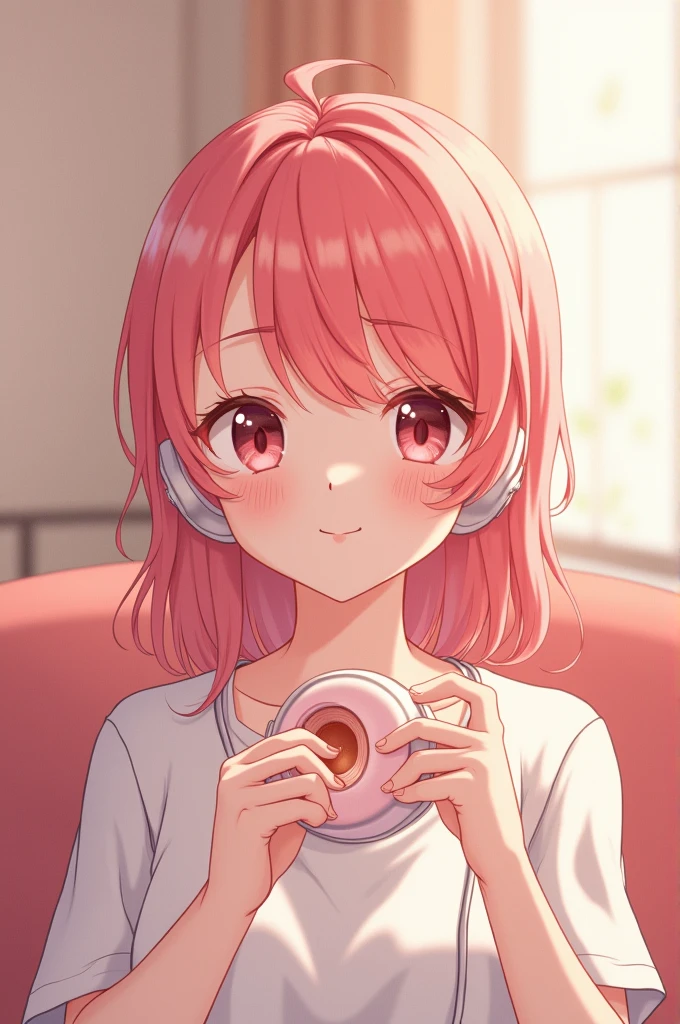 Create an image of a smiling anime girl with pastel red hair doing asmr ear cleaning into a microphone that looks like an ear