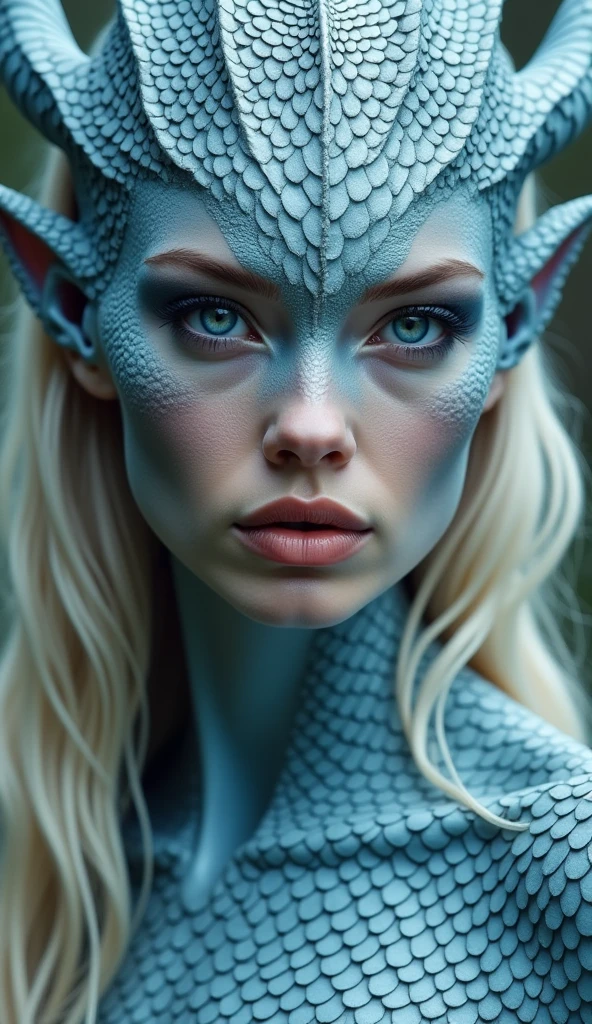 A Danish woman with dragon-like features, her skin adorned with sleek, silvery-blue scales that mirror the cold, misty waters of the North Sea. Her eyes are a deep, icy blue, evoking the serene and mysterious nature of the Scandinavian fjords. Her facial features are refined and angular, with high cheekbones and a strong jawline, reflecting the quiet strength of the Danish landscape. Her blonde hair cascades like a waterfall, interwoven with delicate, scale-like patterns, giving her an ethereal and mythical presence.