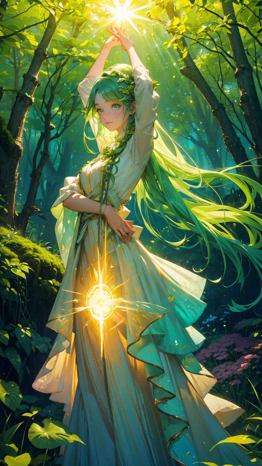 A beautiful, cute girl with bright green hair and glowing eyes, dressed in a natural, flowy outfit that resembles leaves and vines. She is standing confidently in a lush, vibrant environment filled with green planks, moss-covered stones, and glowing green grass tufts. Her pose is serene, with both arms stretched out wide, radiating positive energy. The background is an explosion of vibrant rainbow colors, with beams of light and sparkling stars bursting out in all directions. The scene is filled with more green hues throughout, from the moss and foliage on the ground to the glowing leaves in the air, creating a harmonious and magical atmosphere. The character is fully visible in a zoomed-out view, centered within this enchanted, verdant setting."