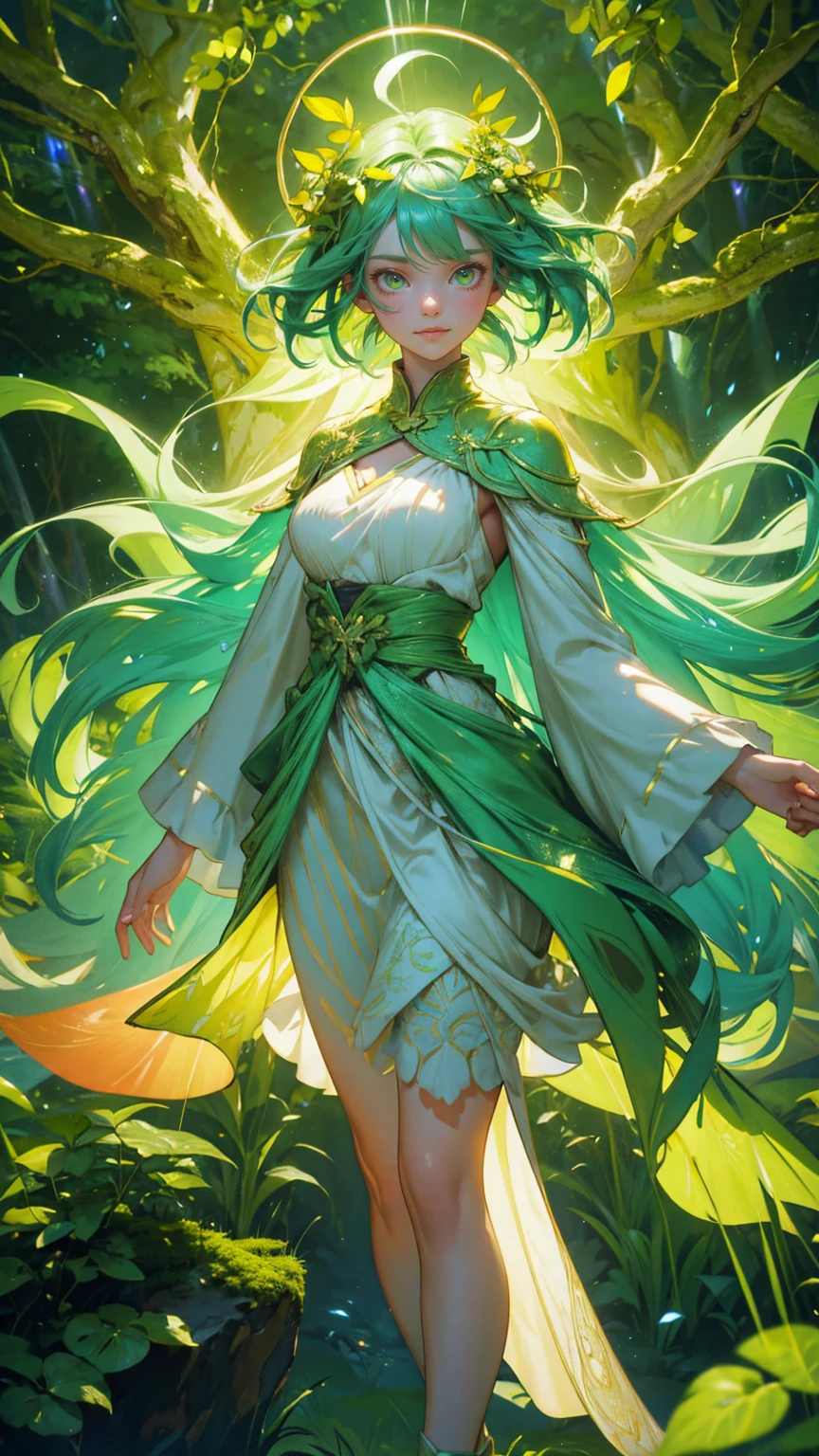 A beautiful, cute girl with bright green hair and glowing eyes, dressed in a natural, flowy outfit that resembles leaves and vines. She is standing confidently in a lush, vibrant environment filled with green planks, moss-covered stones, and glowing green grass tufts. Her pose is serene, with both arms stretched out wide, radiating positive energy. The background is an explosion of vibrant rainbow colors, with beams of light and sparkling stars bursting out in all directions. The scene is filled with more green hues throughout, from the moss and foliage on the ground to the glowing leaves in the air, creating a harmonious and magical atmosphere. The character is fully visible in a zoomed-out view, centered within this enchanted, verdant setting."