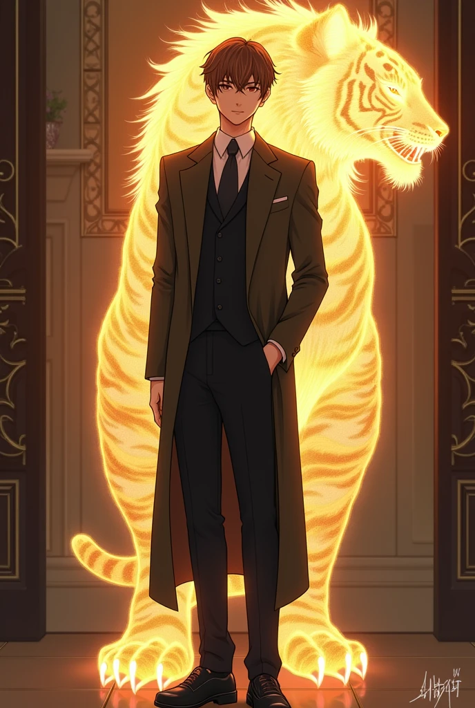 Draw Hwang Jiho manhwa style character from the Korean novel EX rank supporting roles replay in a prestigious school, as a young man, mature boy, high, elegant, arrogant, smiling, mischievous expression, light brown hair and eyes, and behind him a very subtle transparent aura simple transparent with the shape of a bright golden tiger as if it were an alter ego
