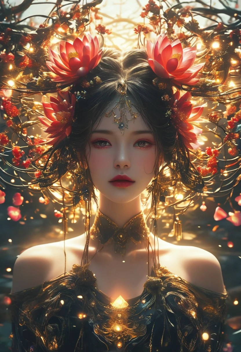Ultra wide angle,Lotus pose girl full body photography,Raw, Filming, (Clear focus:1.5), (Reality:1.4), Dusk lighting, Volumetric Lighting, Ultra-high resolution,Dramatic Lighting, White background,(tangled,Mandala,dispute,Entanglement), Fox Demon,Fox Mask,short jacket, Foxfire Curse, fox family, Transformation, Depth of Field, Dreamy atmosphere, The most beautiful chaos, grace, Brutalist Design Dark Theme, Flower of Death, Flowers of ecstasy,Glowing Line,Glow Example,Tracking Example,flash, Backlight,translucent,Light Particles