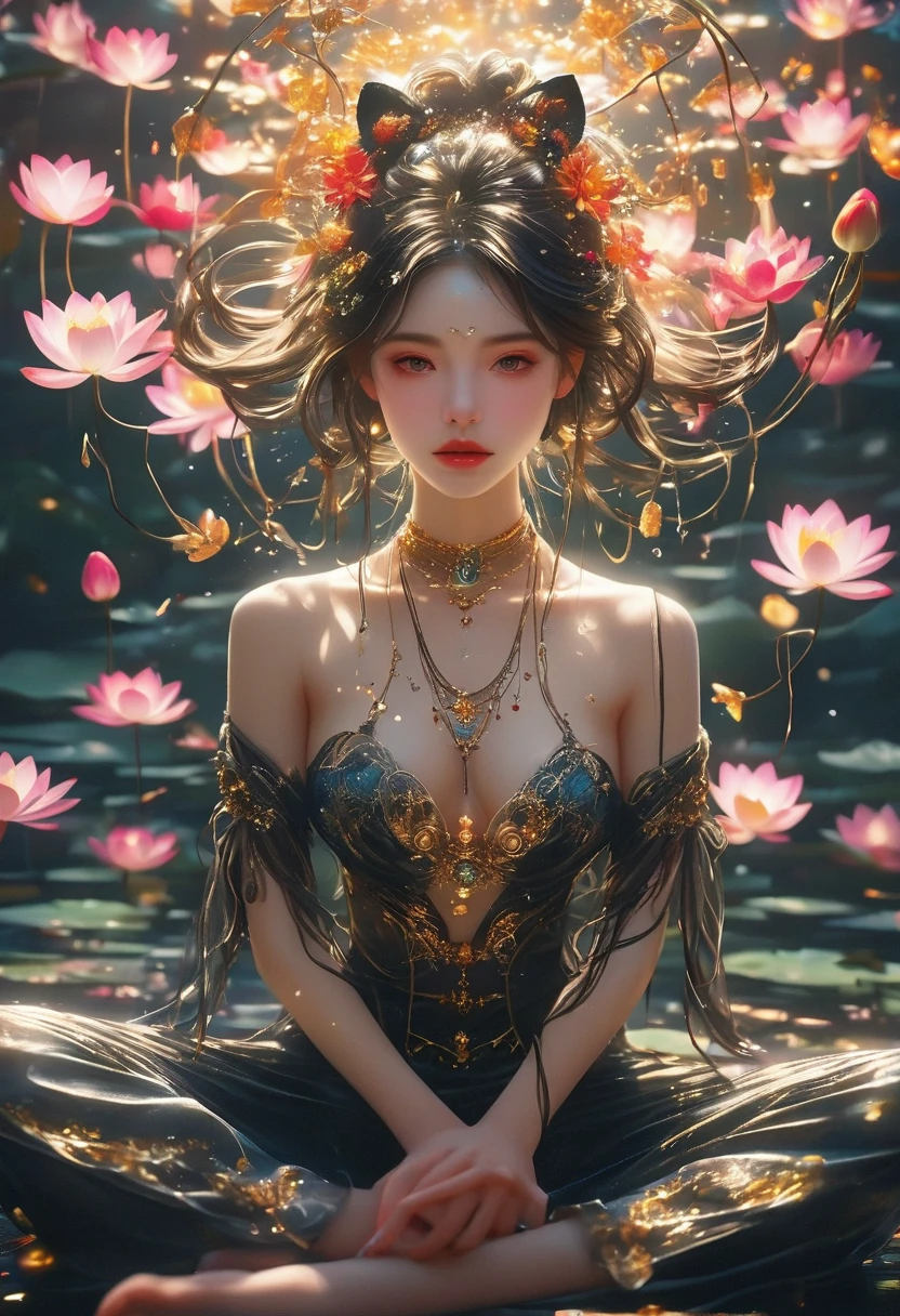 Ultra wide angle,Lotus pose girl full body photography,Raw, Filming, (Clear focus:1.5), (Reality:1.4), Dusk lighting, Volumetric Lighting, Ultra-high resolution,Dramatic Lighting, White background,(tangled,Mandala,dispute,Entanglement), Fox Demon,Fox Mask,short jacket, Foxfire Curse, fox family, Transformation, Depth of Field, Dreamy atmosphere, The most beautiful chaos, grace, Brutalist Design Dark Theme, Flower of Death, Flowers of ecstasy,Glowing Line,Glow Example,Tracking Example,flash, Backlight,translucent,Light Particles