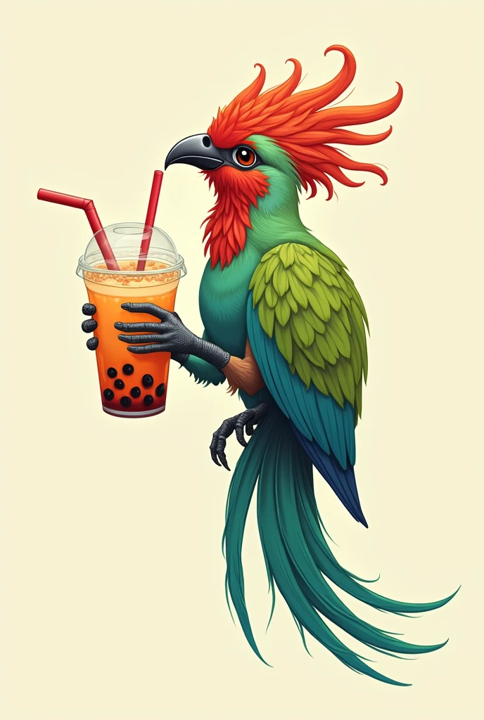 Drawing of a quetzal showing a bubble tea without a background