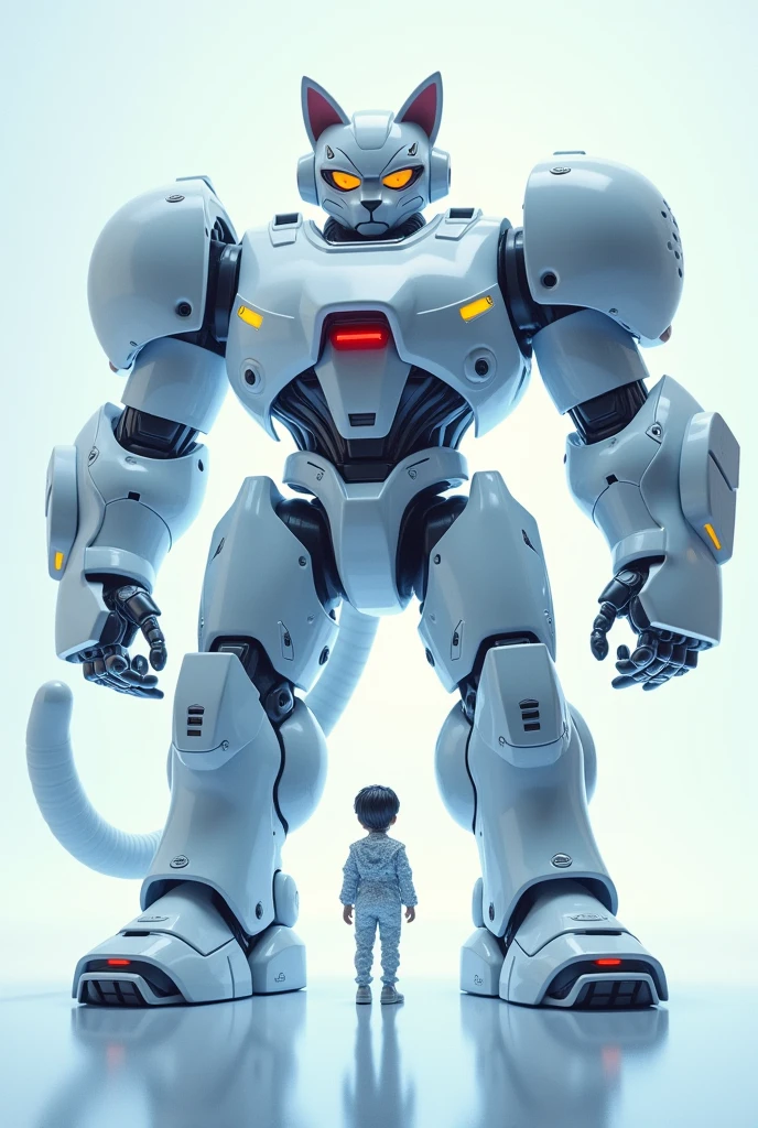 (((Giant Cat Robotic Mecca Inspired by Hulkbuster, white color:1.5))) (Blind box toy style:1.2), (full body shot), 1 Transparent Boy,Behind him is a cute transparent robot cat, Mech transparent, Exquisite helmet cat:1.2, glasses:1.2, Cyberpunk, dreamy glow, luminous neon lights, clean, white background, (Global Illumination, Ray Traching, HDR, unrealistic rendering, reasonable design, high detail, master piece, best quality, hyper HD, cinematic lighting)