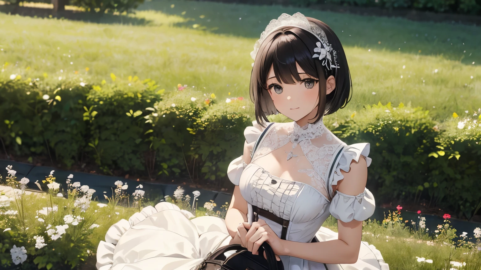 A beautiful woman wearing a white pannier dress with lots of frills and lace　Black short bob hair with hair ornament　Upper Body