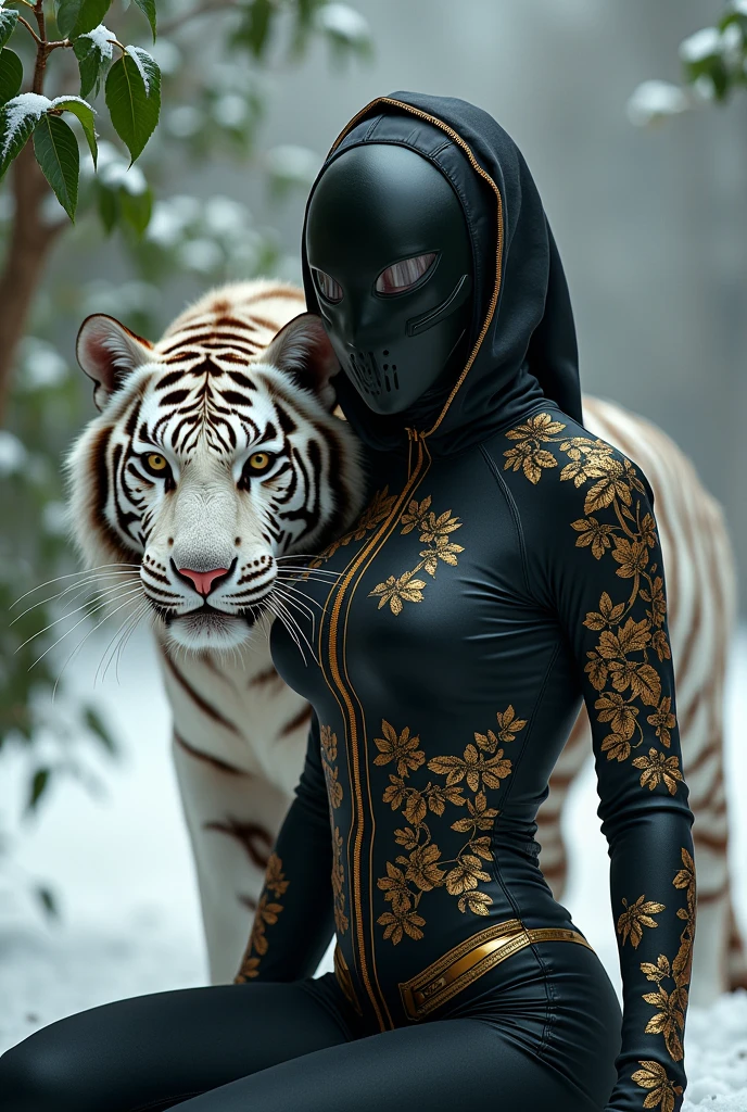 visual of a beautiful woman whose face is disguised by an alien shogun mask wearing a tight black spandex jacket covered with a gold leaf tattoo embroidery design accompanied by a white tiger staring intently in the snow photograph 8k hd ultra realistic contrast color sitting green leaves
