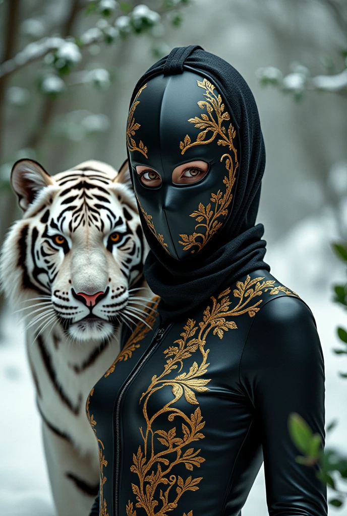 visual of a beautiful woman whose face is disguised by an alien shogun mask wearing a tight black spandex bodysuit covered with a gold leaf tattoo embroidery design accompanied by a white tiger staring intently in the snow photograph 8k hd ultra realistic contrast color sitting green leaves full body