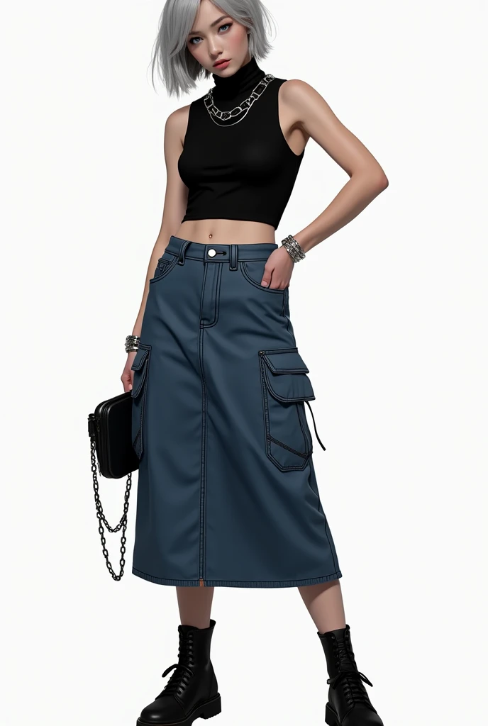 (nsfw:1.2), masterpiece, Best Quality, Realistic, A mysterious and sophisticated beautiful young girl, with blue eyes wears futuristic and sexy fashion art. 18-years-old, cute and sexy Japanese girl is climbing at a wide angle, // The outfit features a black sleeveless turtleneck fusion of cropped tank top made from a lightweight, stretchy material. The top has thin shoulder straps and fits tightly, highlighting the wearer’s silhouette. The bottom piece is a midi-length denim skirt made from thick denim fabric. The skirt includes prominent stitching and large side pockets, adding a functional, cargo-style element to the design. Accessories include a simple silver chain necklace, a matching bracelet, and a small silver chain bag. The entire ensemble is styled in a monochromatic black and silver color palette, creating a sleek and urban look, /// Breasts in a high position, large breasts, slim waist, abs, large butt, /// standing, winding sexy pose, with her full body in frame. ///, hyper small head and face, wide Duck mouth, half open mouth, perfectly aligned teeth, perfect beautiful wide teeth, light blue eyes, half open eyes, shiny Droopy eyes, gray hair, looking other, She is situated within the interior of a futuristic colony, in the deep night, with mist drifting and steam rising from concrete