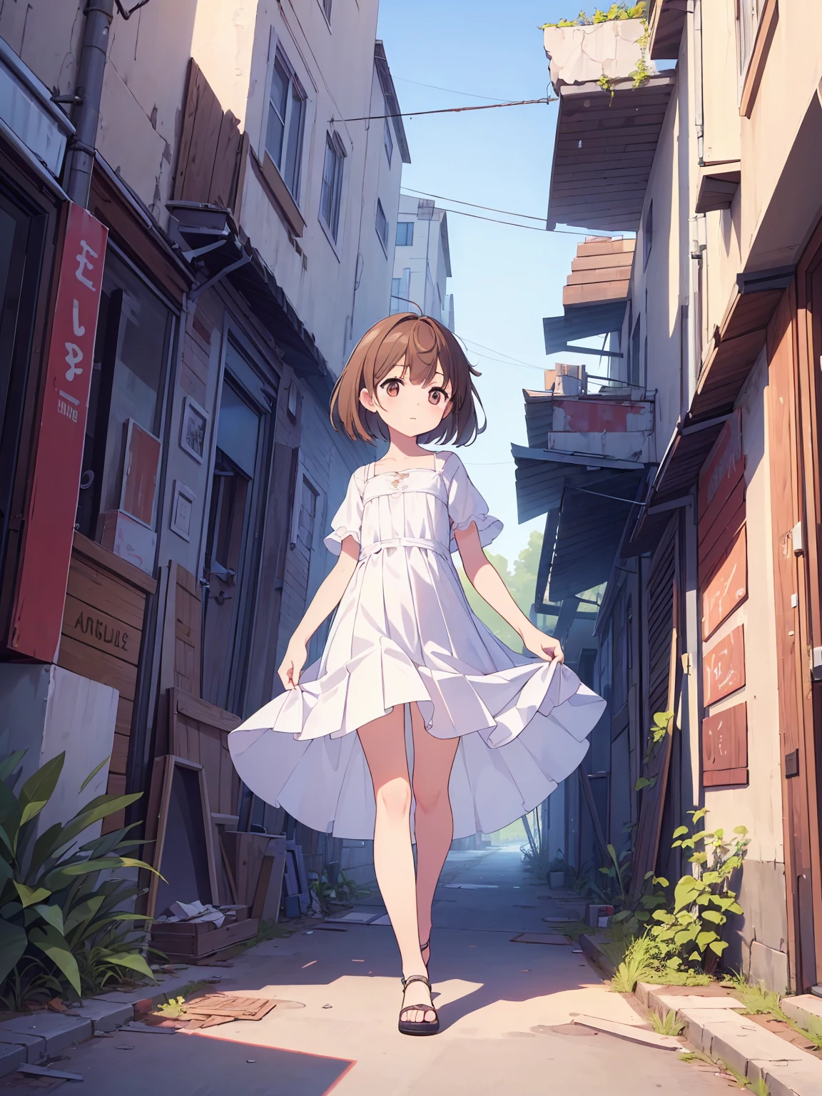 (masterpiece:1.2), best quality, highres, original, (extremely detailed:1.2), ultra-detailed, wallpaper, perfect lighting,(extremely detailed CG:1.2), 8k, anime illustration, 1boy, solo, crossdressing, (brown hair, Bob hairstyle,haircut:1.1), (white knee-length dress, summer dress, pleated dress, short sleeves, lace hemline, black line bottom the dress, delicate dress, flat chest:1.2), walking in urban ruins, (urban ruins filled with natural vibes:1.2), (anatomically correct:1.5), full body, (cityscape background:0.8), overgrown plants, crumbling buildings, sunlight filtering through trees, peaceful expression, sunny