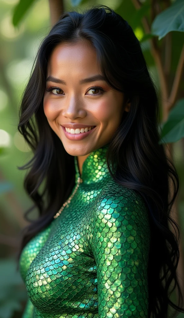 A Filipino woman with dragon traits, her body covered in shimmering, emerald and sapphire scales that reflect the lush, tropical beauty of the Philippine islands. Her eyes are large and expressive, glowing a warm, golden-brown, like the setting sun over the ocean. Her facial features are soft yet defined, with high cheekbones and a gentle smile, embodying the warmth and grace of the Filipino spirit. Her long, dark hair flows like a cascading waterfall, interlaced with subtle, scale-like textures, hinting at her deep connection to the natural world.