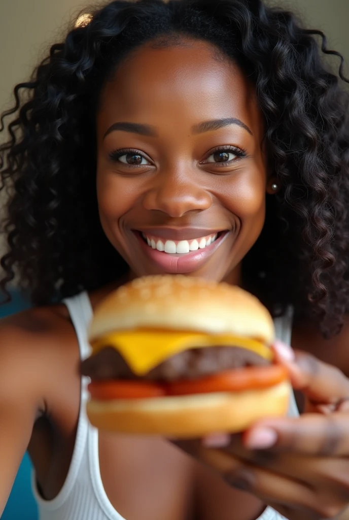 there is a black woman , the woman has, she has dark skin, with dark brownish skin, with long curly, long black loose moisturised curly hair she is taking a selfie with a raising kanes meal