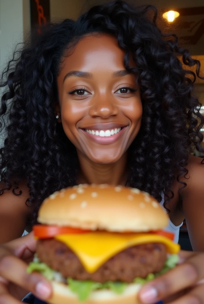 there is a black woman , the woman has, she has dark skin, with dark brownish skin, with long curly, long black loose moisturised curly hair she is taking a selfie with a raising kanes meal