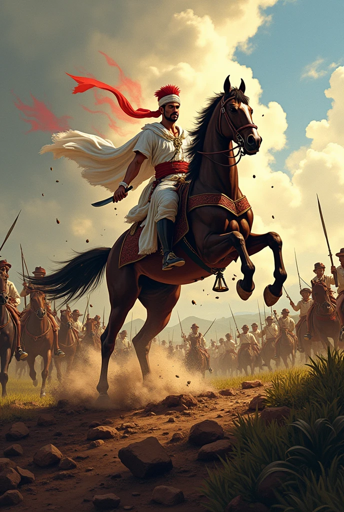 Create an illustration of a historical battle scene featuring Prince Diponegoro, a key figure in the Indonesian struggle against colonial forces. Prince Diponegoro should be depicted in a white traditional outfit, holding a kris (dagger) and riding a horse. He is leading his troops in a fierce confrontation against colonial soldiers, with a dramatic and dynamic atmosphere highlighting the intensity of the battle. The prince wears a turban on his head and a blood red war aura. Gambar sedang galam lokasi pertemouran, tambahkanadegan tertembak dan lain lain yg menggambarkan pertarungan sengit, pasukan pangeran diponegoro adalah rakyat biasa melawan kolonial, buat kudanya melompat dan bentuk gambar landscape