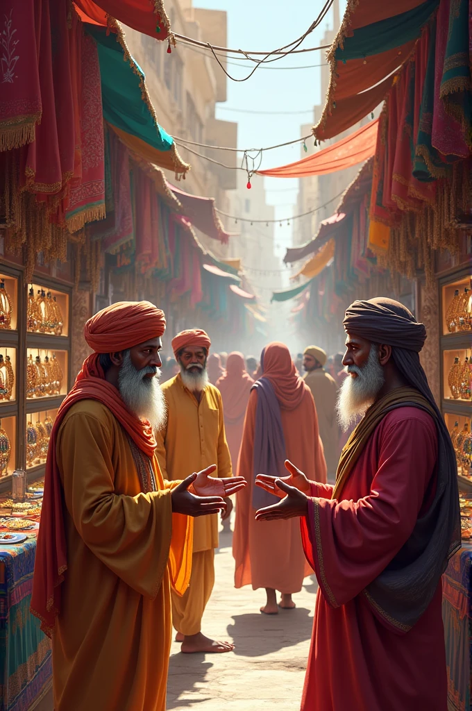 A bustling market scene in Rajasthan, with Marwari traders dealing in textiles and jewelry
