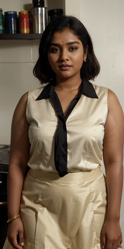 A 3 plus sized South Indian women wearing a cream colour silk short skirt and black colour shirt, standing in a kitchen 