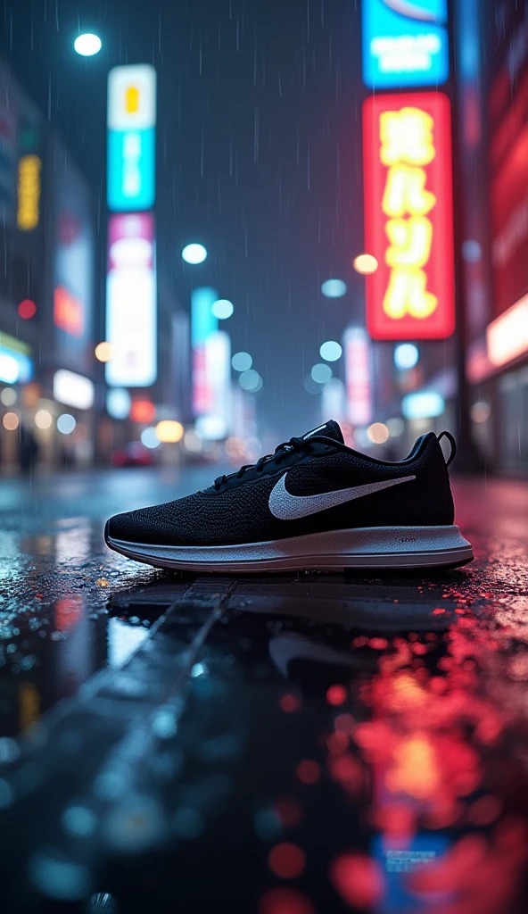 Nike shoe on the street amid the city lights and rain around him