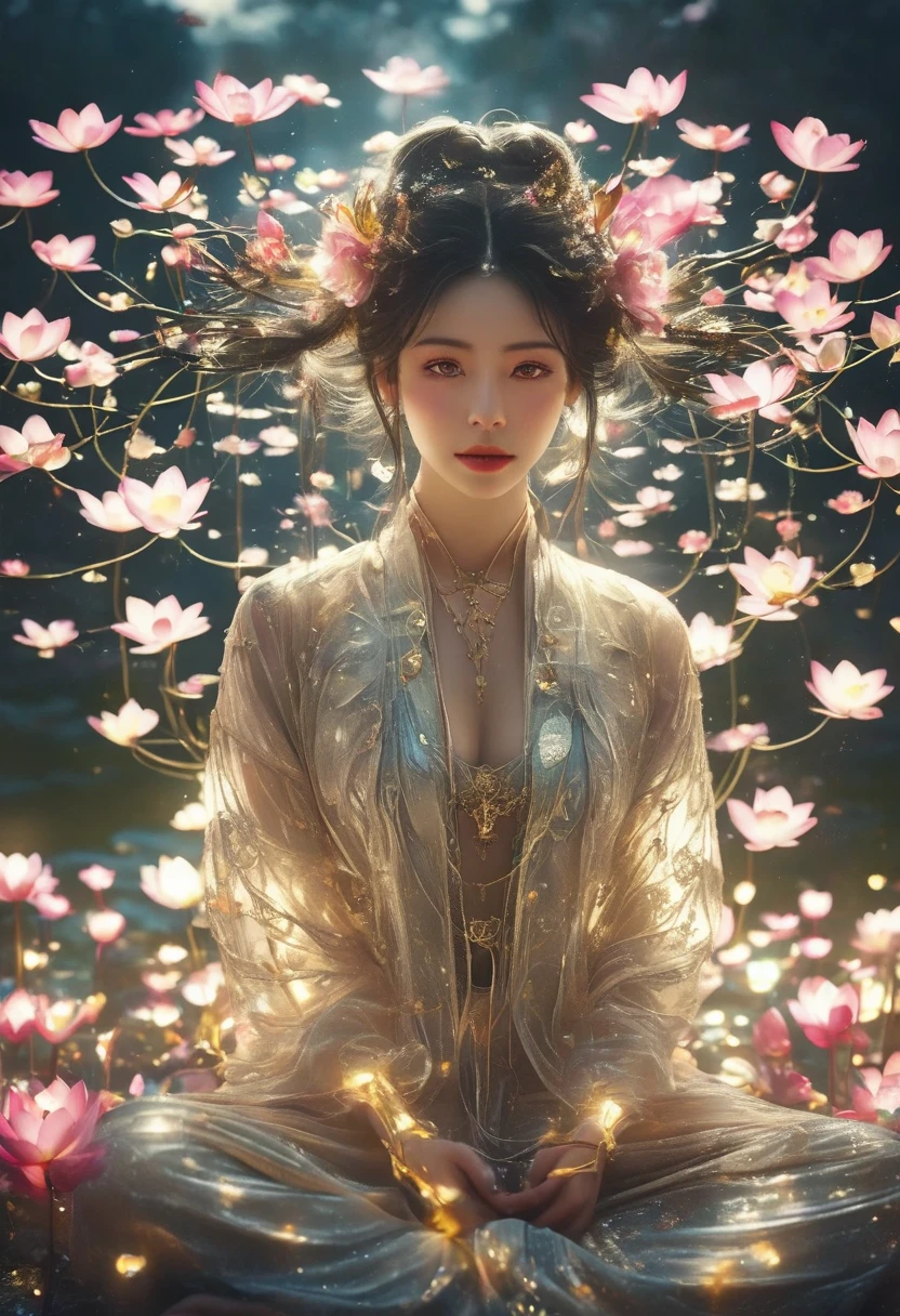 Ultra wide angle,Full body portrait,Lotus pose girl full body photography,Raw, Filming, (Clear focus:1.5), (Reality:1.4), Dusk lighting, Volumetric Lighting, Ultra-high resolution,Dramatic Lighting, White background,(tangled,Mandala,dispute,Entanglement), Fox Demon,Fox Mask,short jacket, Foxfire Curse, fox family, Transformation, Depth of Field, Dreamy atmosphere, The most beautiful chaos, grace, Brutalist Design Dark Theme, Flower of Death, Flowers of ecstasy,Glowing Line,Glow Example,Tracking Example,flash, Backlight,translucent,Light Particles