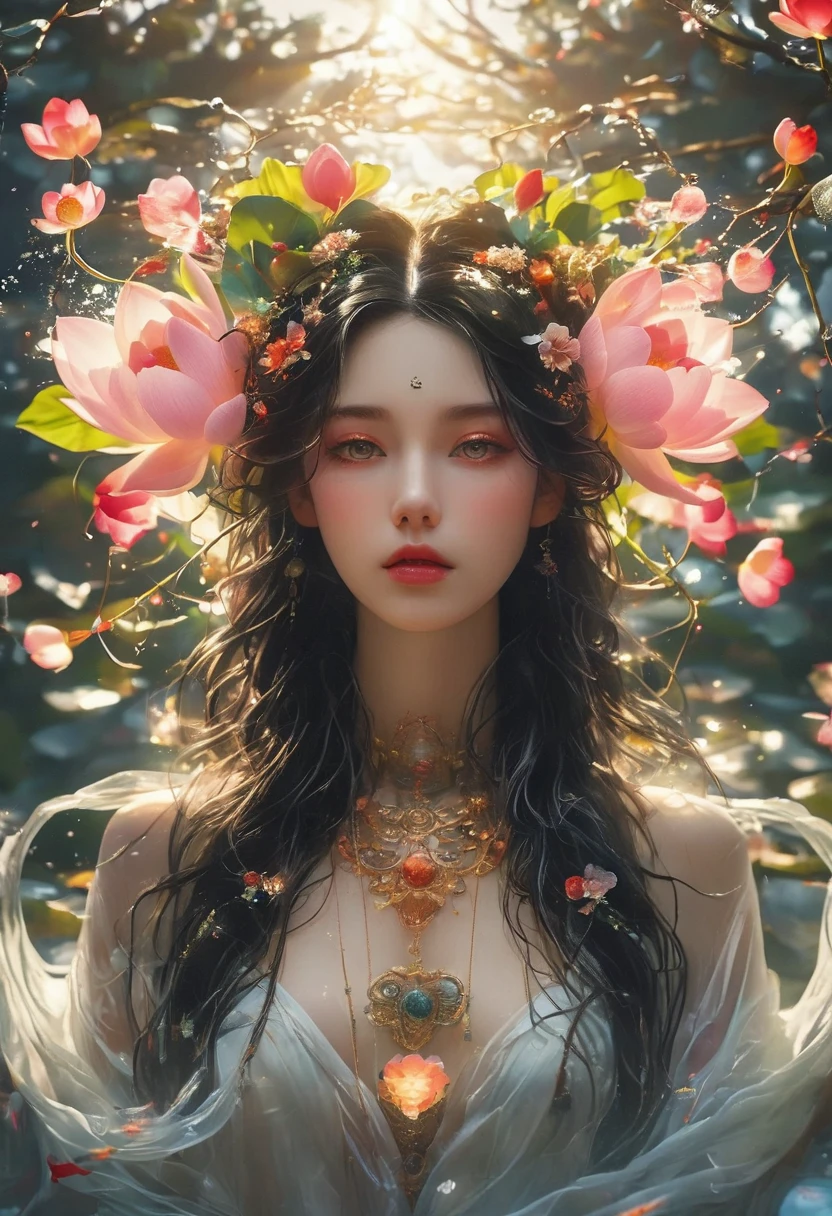 Ultra wide angle，Full body portrait，Lotus pose girl full body photography，Raw, Filming, (Clear focus:1.5), (Reality:1.4), Dusk lighting, Volumetric Lighting, Ultra-high resolution,Dramatic Lighting, White background,（tangled，Mandala，dispute，Entanglement), Fox Demon，Fox Mask，short jacket, Foxfire Curse, fox family, Transformation, Depth of Field, Dreamy atmosphere, The most beautiful chaos, grace, Brutalist Design Dark Theme, Flower of Death, Flowers of ecstasy，Glowing Line,Glow Example，Tracking Example，flash， Backlight，translucent，Light Particles