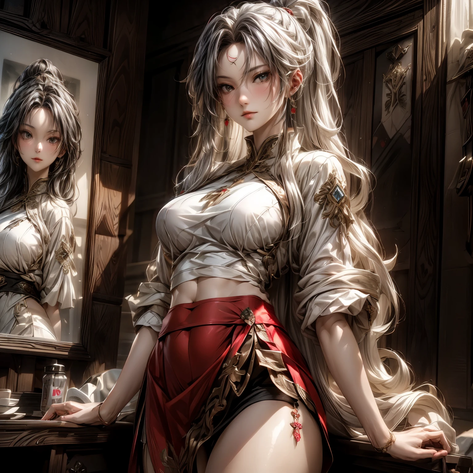 (best quality)), ((Masterpiece)), (details:1.4), 3d, HDR (high dynamic range), an image of a beautiful cyberpunk female, Fantasy, Medieval, Cyberpunk, Black hair, High ponytail, Hips up, Beautiful White eyes, จมูกโด่ง, ปากแดง, หน้าอกใหญ่, nvidia RTX, PBR surface, After processing, Anisotropic filtration,depth of field, Maximum clarity and clarity, multi-layered surface, Subsurface scattering, perfect proportions, 8K raw files, ultra detailed, Perfect proportions, volumetric lighting, soft lighting, Holy Paldin, Heavy Golden Armor, white dress, intricate Golden embroidery, glossy skin, Bed room Background, jewely, ต่างหู, นิ้วมือสมบูรณ์, mini Red skirt,