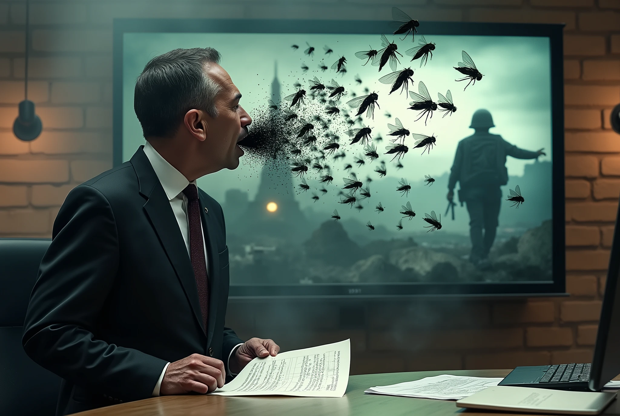 first floor. [on the left a news reporter in a jacket and tie reads the news about the war from a sheet of paper, with the related images behind him]. Thousands of flies come out of the journalist&#39;s mouth. Black flies spread across the TV studio. Flies land everywhere: sui monitor, on the desk, on the sheets. [black flies come out of the mouth:1.5]