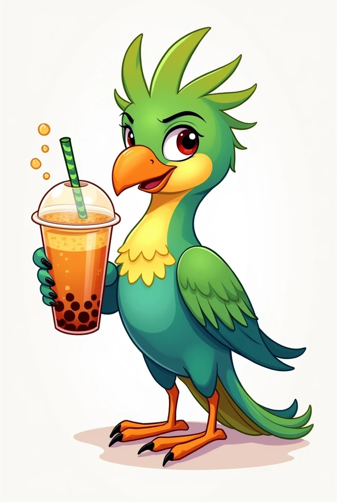 Cartoon of a quetzal showing a bubble tea with no background