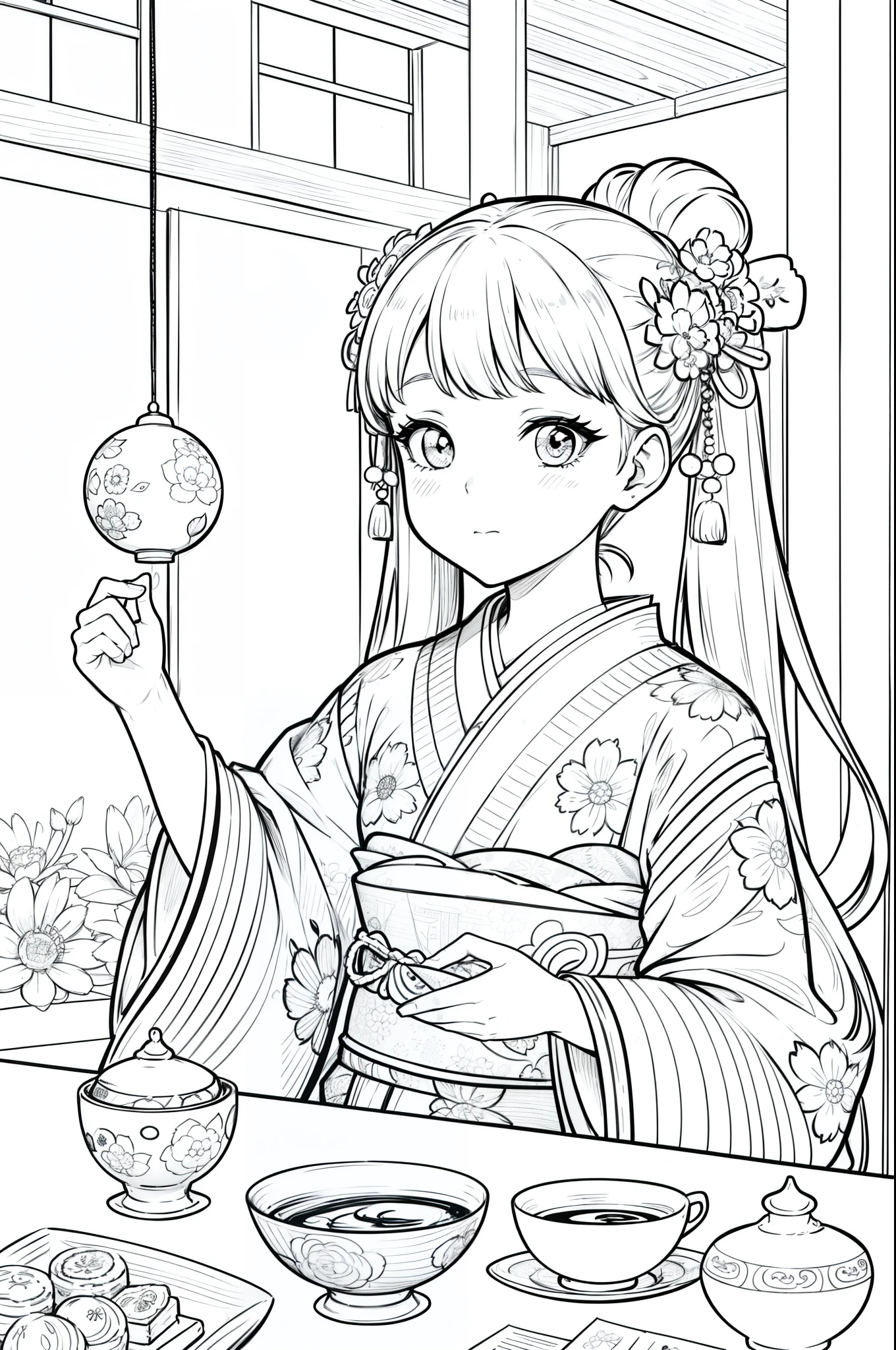 Masterpiece, top class, unique, cute, flowers, line drawing background, white background, monochrome, line drawing, ((sketch)), creepy, white eyes, create a monochrome coloring book that even adults can easily do, a realistic and cute ukiyo-e of a girl in a kimono playing rock-paper-scissors with a tea room in the background where a hanging scroll can be seen, and small plates and tea bowls with sweets on them are lined up on the table, conveying Japanese culture.
