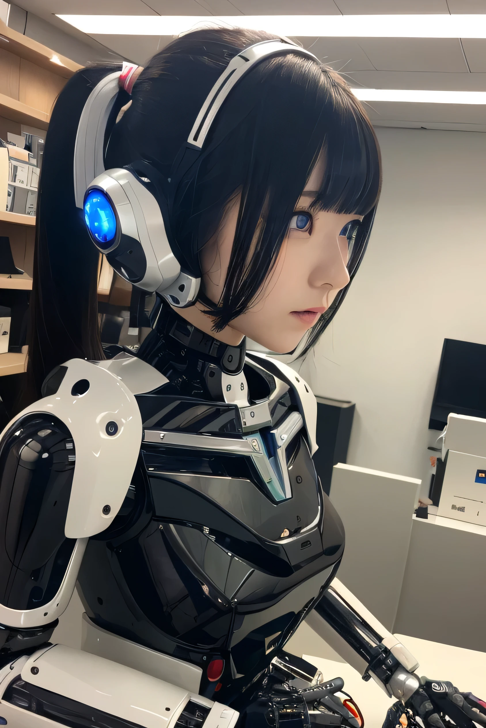 masterpiece, best quality, extremely detailed,  Japaese android girl,Plump , control panels,android,Droid,Mechanical Hand, Robot arms and legs, Black Robot Parts,Black hair,Mechanical body,Blunt bangs,White robotics parts,perfect robot girl,future information counter,reception,long tube,thick cable connected her neck,ceramic body ,mechanical body,mechanical costume,android,robot,humanoid,cyborg,information office,japanese android receptionist ,mechanical chest,blue eyes,office-lady