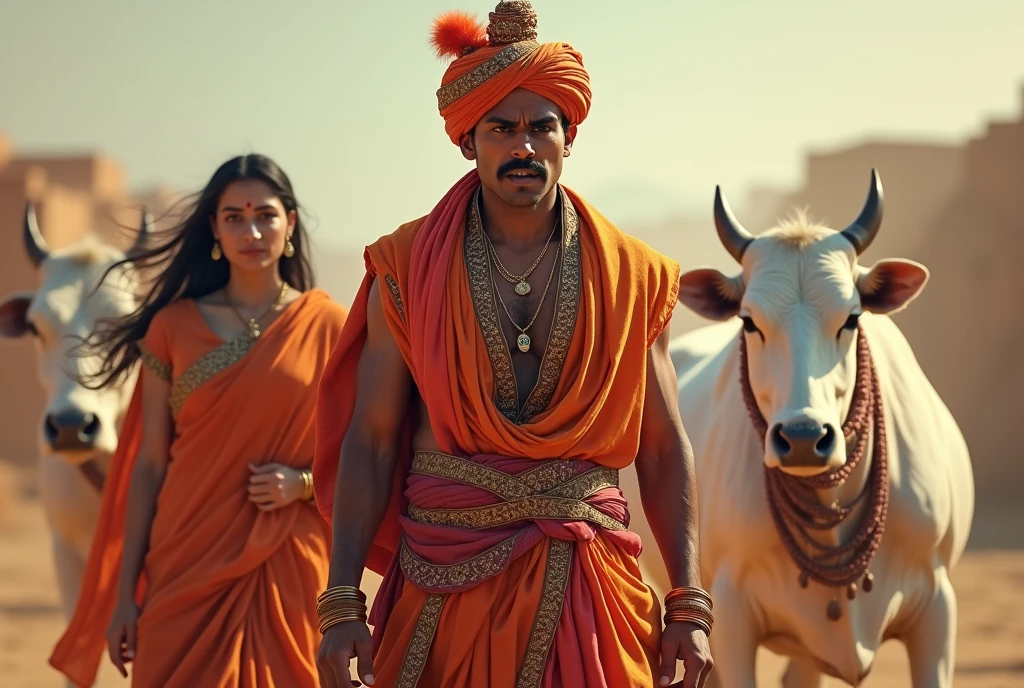 Picture a man in his 20s, with only a mustache on his face and a turban on his head and wearing a Rajasthani dhoti kurta and he is very angry. On his left side is standing a woman who is wearing a Rajasthani lugdi and his There are two cows standing on the right side which are white in color.