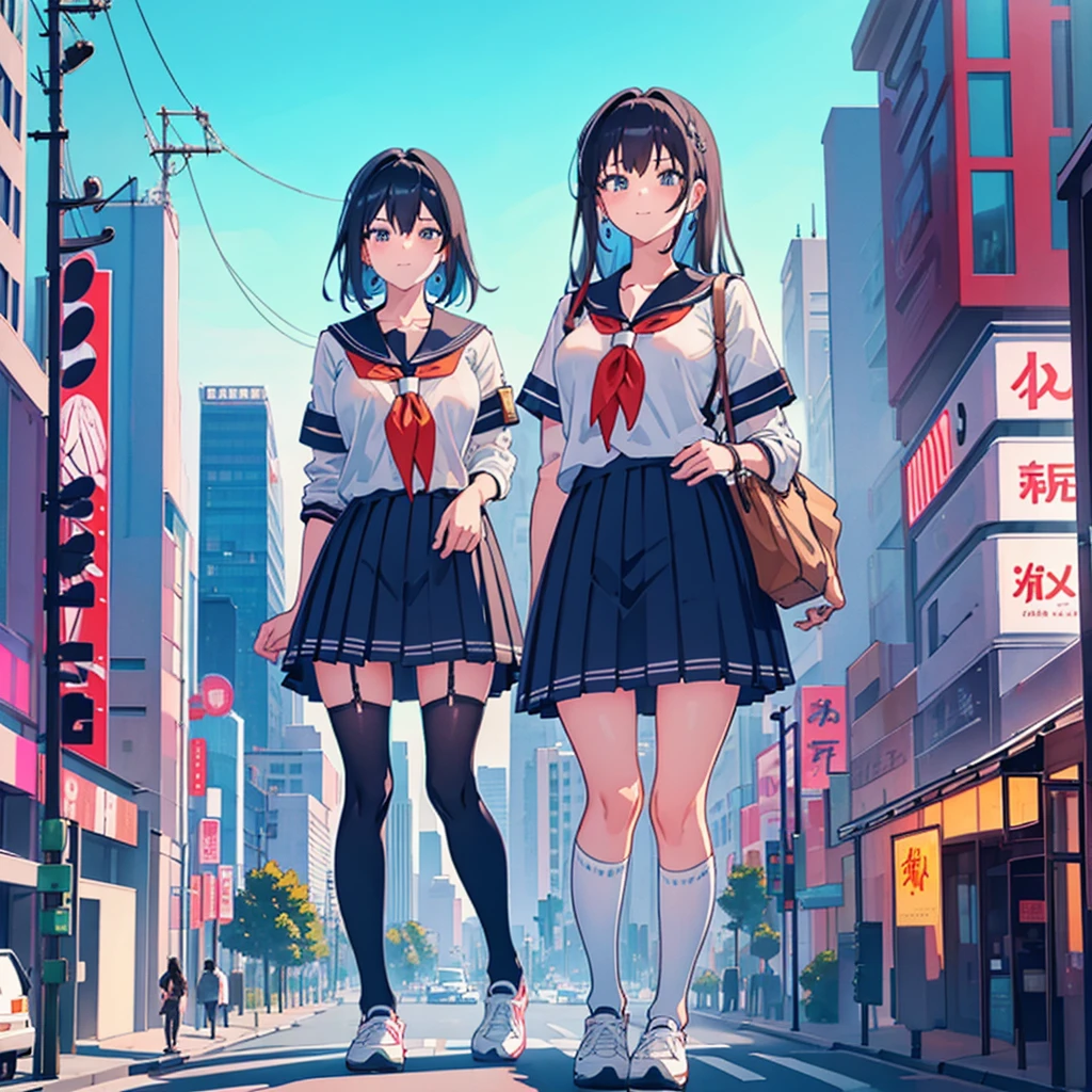  ((Two giant high school girls standing on the road) ) Composition seen from below, true sunset, sunset, evening, masterpiece Anime style Delicate painting 4K 90's Huge Multiple crowd Crowd in a big city Lots of people ) (( Sailor Uniform)) ((School Uniform)) ((Big City)), ((Tokyo Akihabara Electric Town)), Big Breasts, High School Girl, Transparent Costume, Sweaty, Splashes, Sneakers, Watch, Black Hair, Smile, Female Titan Giant Girl Full Body Crowd Unreal Engine, Cleavage, Image, Earrings, Cute Photo, Beauty, Analog Style, Full Body, Sneakers, GTS, Giant Female Giant, Building Valley Girl, Skyscraper City, Big City, GTS , Giant Female Titan,