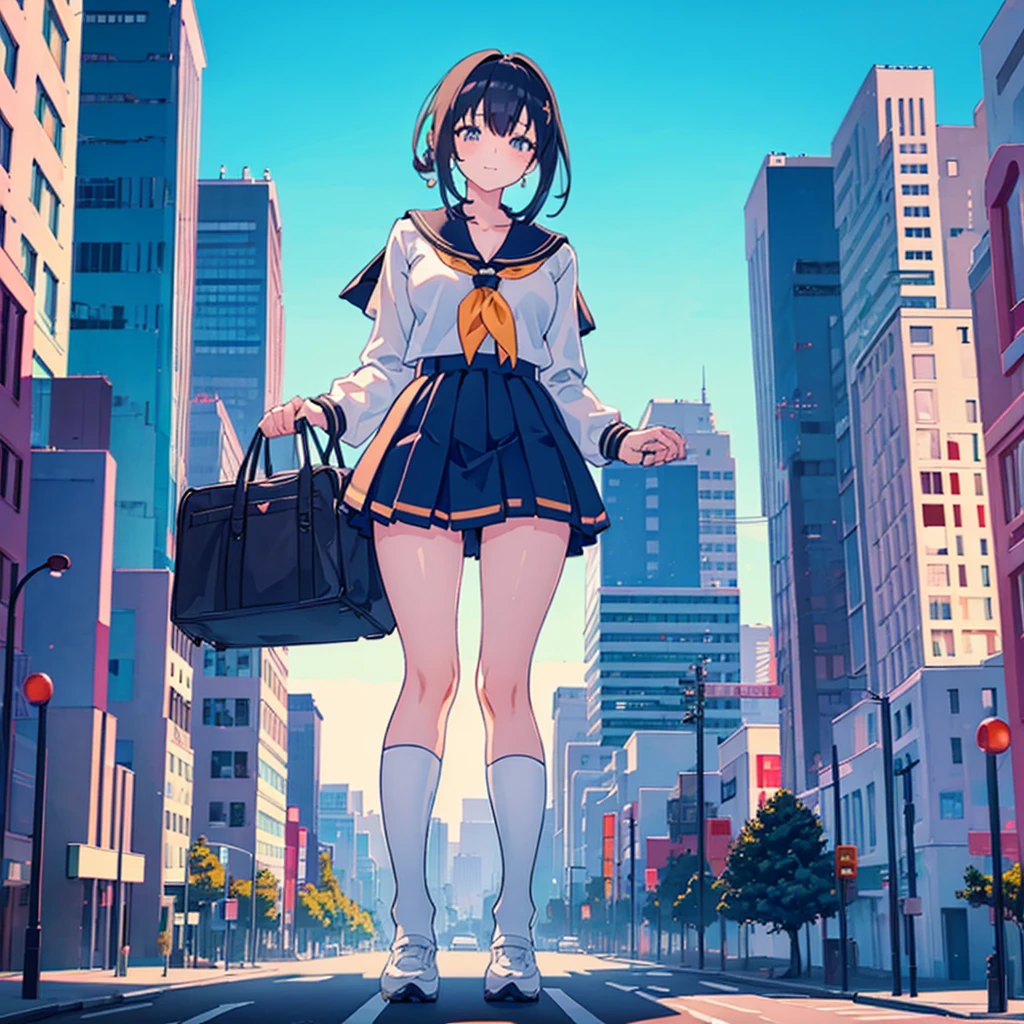  ((Two giant high school girls standing on the road) ) Composition seen from below, true sunset, sunset, evening, masterpiece Anime style Delicate painting 4K 90's Huge Multiple crowd Crowd in a big city Lots of people ) (( Sailor Uniform)) ((School Uniform)) ((Big City)), ((Tokyo Akihabara Electric Town)), Big Breasts, High School Girl, Transparent Costume, Sweaty, Splashes, Sneakers, Watch, Black Hair, Smile, Female Titan Giant Girl Full Body Crowd Unreal Engine, Cleavage, Image, Earrings, Cute Photo, Beauty, Analog Style, Full Body, Sneakers, GTS, Giant Female Giant, Building Valley Girl, Skyscraper City, Big City, GTS , Giant Female Titan,