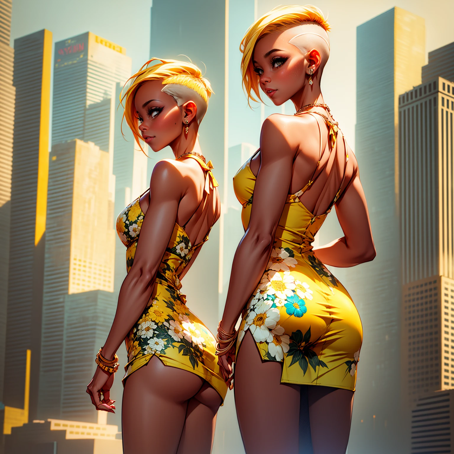 (masterpiece), (best quality), woman, short yellow top fade hair, undercut hairstyle, floral short dress, best quality, (best quality:1.1), ultra detailed, reflections, extremely detailed, 8k, city garden, detailed background
