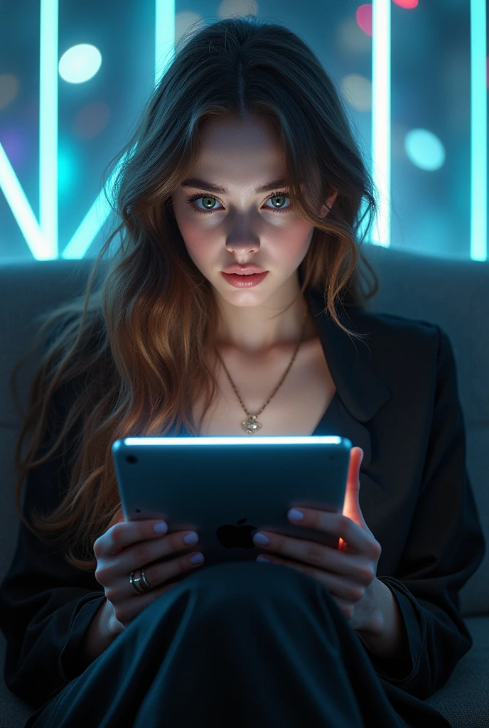 The girl is sitting on the couch, her face is looking straight at her iPad tablet, clothes outfit brown luxurious hair brunette dark long eyes green background in flashlights and the inscription LED strip esstell